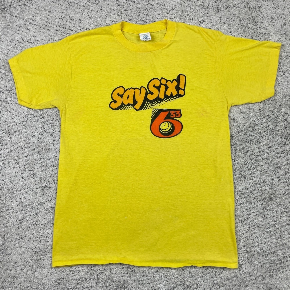 VTG 80s T-Shirt Adult Large Ched Yellow Single Stitch Say Six 633 Graphic Tee